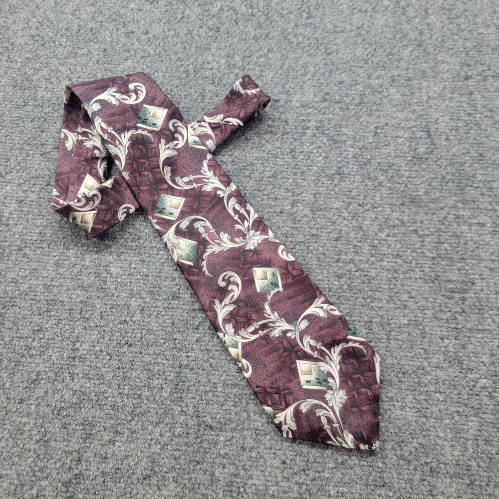 Pierre Cardin Vintage 80s Silk Tie Burgundy Scroll Geometric Pattern USA Made